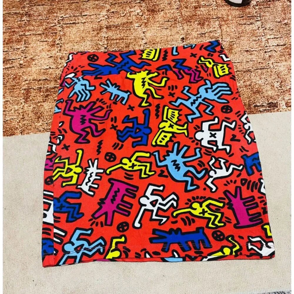 KEITH HARING X FOREVER 21 RED ELASTIC MINI SKIRT MONOGRAM
